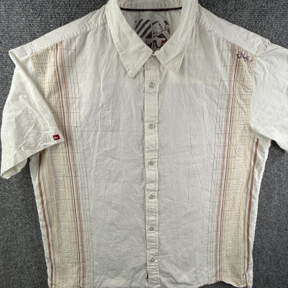 Quiksilver Men Short Sleeve Button Up Shirt Large White Brown Striped Cotton - Picture 1 of 16